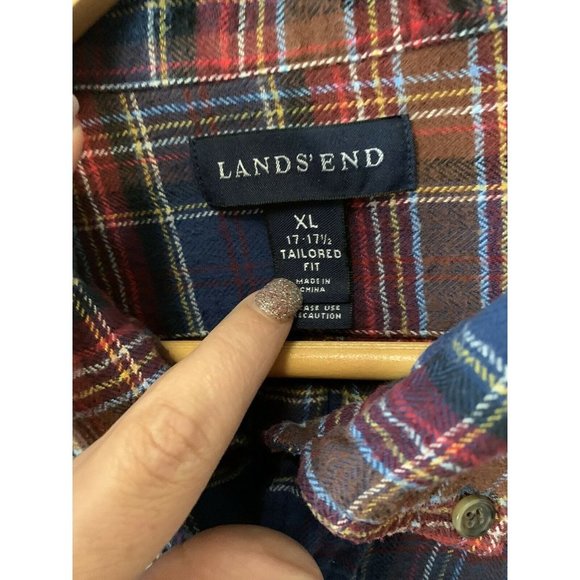 Lands End XL 17- 17 1/2  Plaid Flannel Shirt Button Up Excellent Tailored Fit - Picture 3 of 5